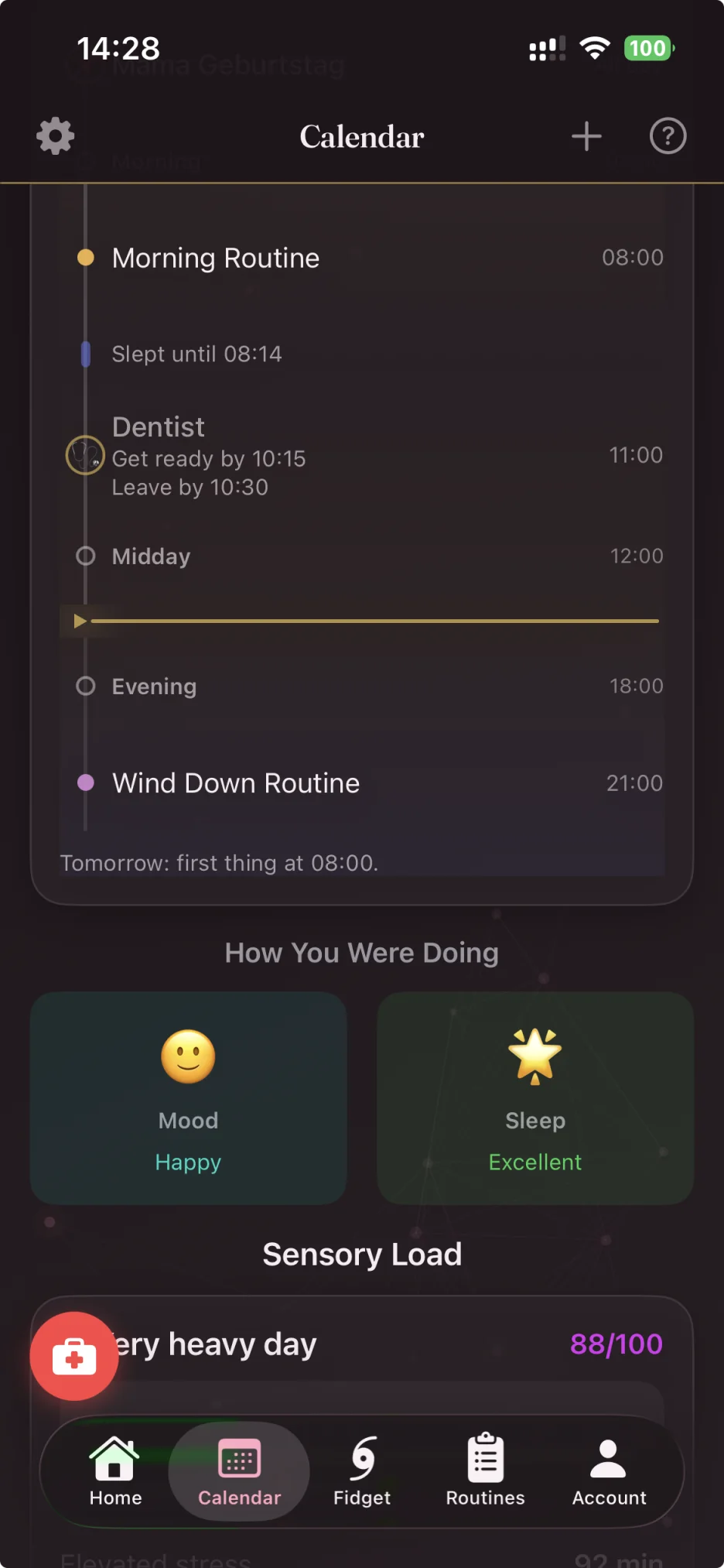 The Linism calendar showing a day laid out as routines and anchors.