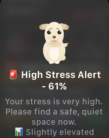 A watch alert: Linux looks worried, the stress reading is 61 percent, and the advice is to find a safe, quiet space now.