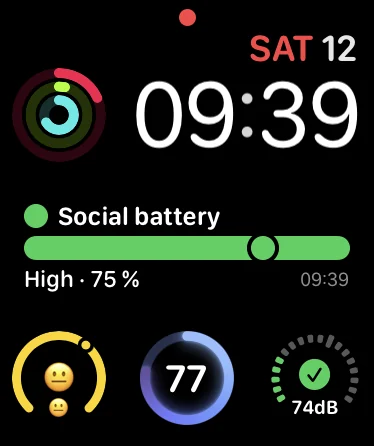 An Apple Watch screen stating the wearer's current social battery level.